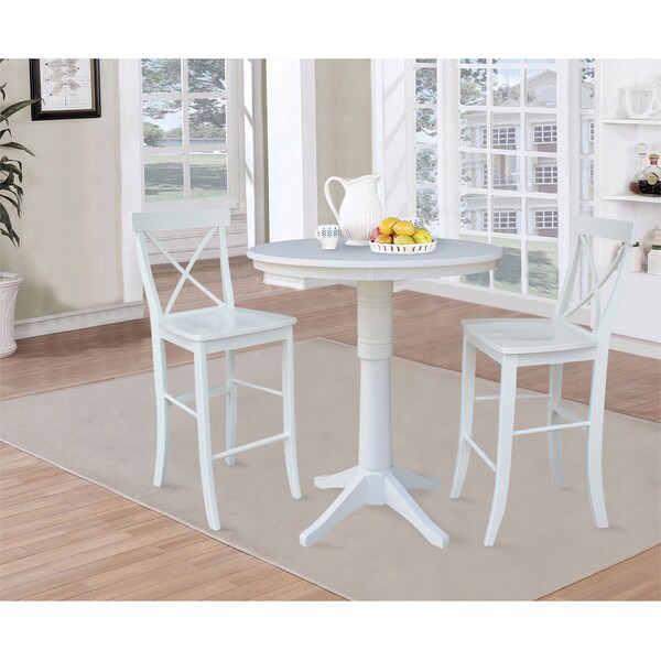 International Concepts Round 36 in Rd Pedestal Bar Height Table, 2 X-Back Bar Height Stools, White, 36 in W, 36 in L, Wood - K08-36RT-27B-S6133