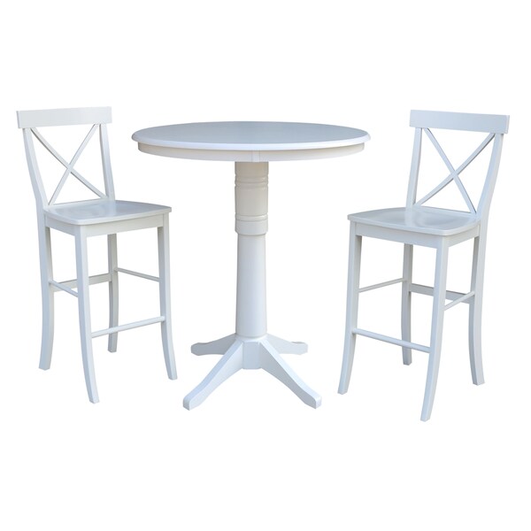 International Concepts Round 36 in Rd Pedestal Bar Height Table, 2 X-Back Bar Height Stools, White, 36 in W, 36 in L, Wood - K08-36RT-27B-S6133