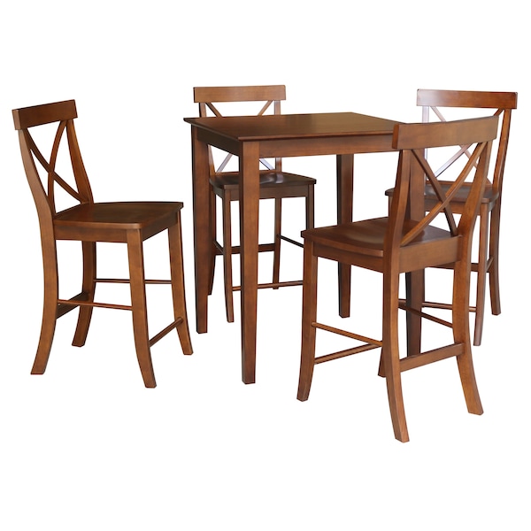 International Concepts 30 in. x 30 in. Counter Height Dining Table w/4 X-Back Stools, 24 in. Seat Height-5 Pc. Dining Set - K581-3030-S6132-4