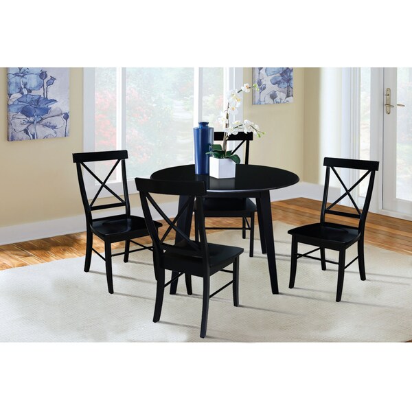 International Concepts 42 in. Solid Wood Round Dual Drop Leaf Dining Table with 4 Chairs in Black - K46-42DL-C613-4