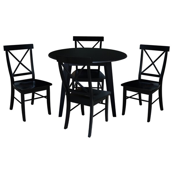 International Concepts 42 in. Solid Wood Round Dual Drop Leaf Dining Table with 4 Chairs in Black - K46-42DL-C613-4