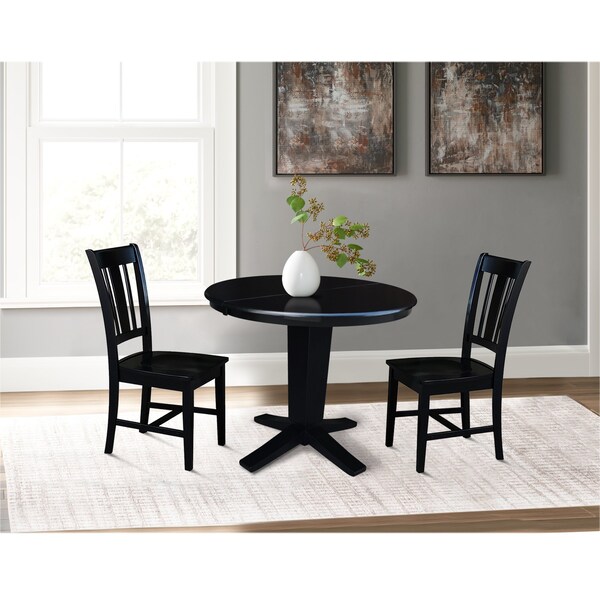 International Concepts 36 in. Solid Wood Round Extension Dining Table with 2 Chairs in Black - K46-36RXT-23B-C10-2