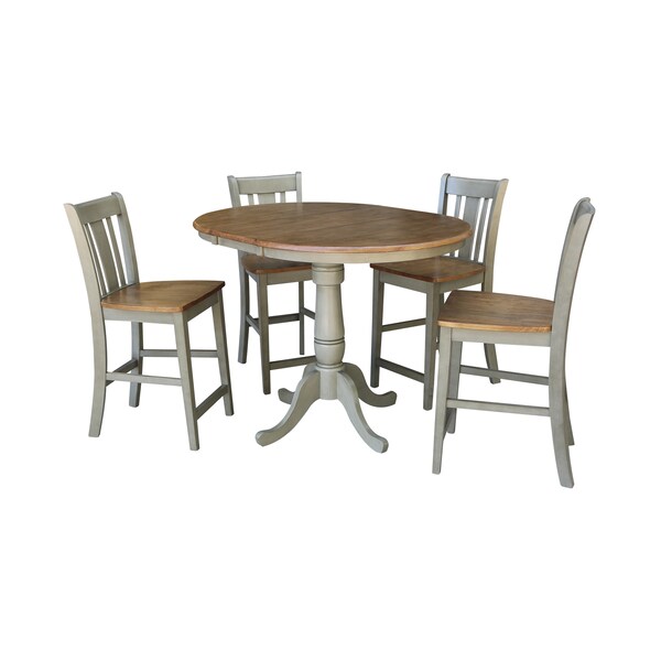 International Concepts Round 36 in Rd Extend Dining Table, 4 San Remo Counter Ht Stools, Hickory/Stone, 36 in W, 48 in L - K41-36RXT-6B-S102-4