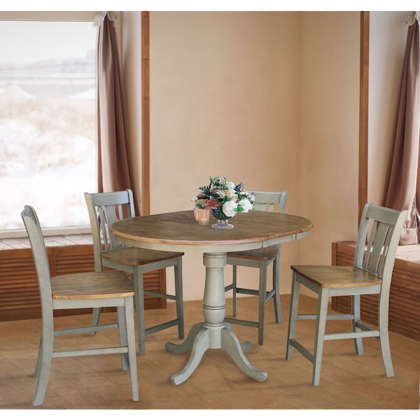 International Concepts Round 36 in Rd Extend Dining Table, 4 San Remo Counter Ht Stools, Hickory/Stone, 36 in W, 48 in L - K41-36RXT-6B-S102-4