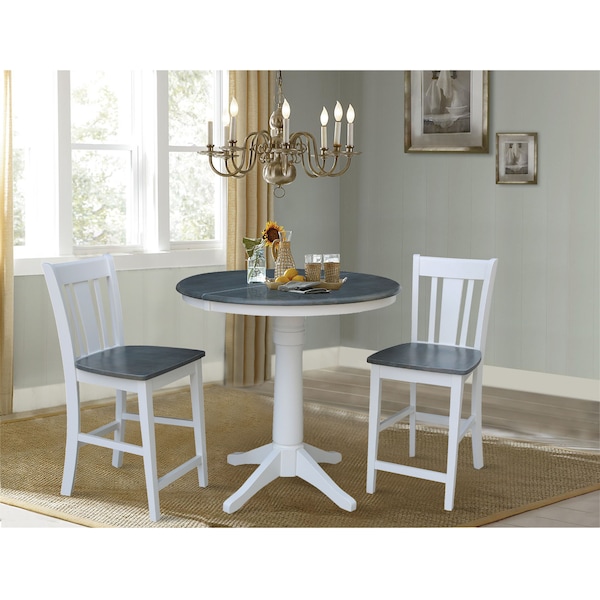 International Concepts Round 36 in Rd Extend Dining Table, 2 San Remo Stools, White/Heather Gray, 36 in W, 48 in L, Wood - K05-36RXT-27B-S102-2