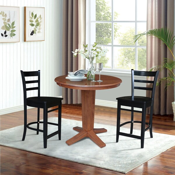 International Concepts 36 in. Solid Wood Round Extension Dining Table with 2 Counter Height Stools in Distressed Oak/Black - K42-36RXT-23S4661722