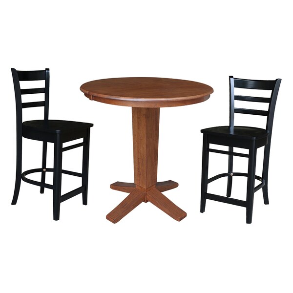 International Concepts 36 in. Solid Wood Round Extension Dining Table with 2 Counter Height Stools in Distressed Oak/Black - K42-36RXT-23S4661722