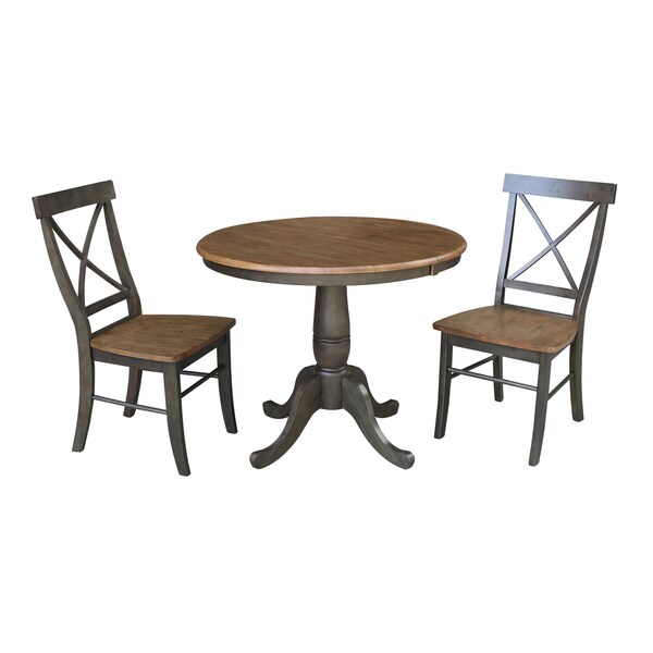 International Concepts Round 36 in Rd Extension Dining Table, 2 RTA Chairs, Hickory/Washed Coal, 36 in W, 48 in L, 29.3 in H - K45-36RXT-C613-2