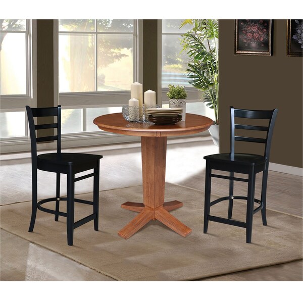 International Concepts 36 in. Solid Wood Round Top Pedestal Dining Table w/2 Counter Height Stools in Distressed Oak/Black - K42-36RT-23-S4661722