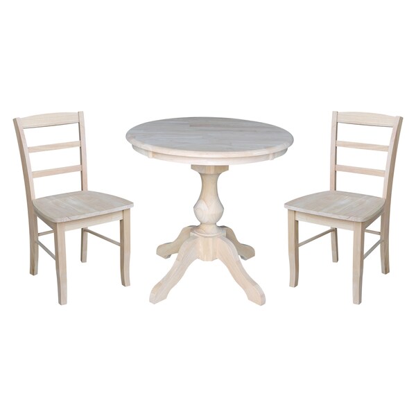 International Concepts Round 30 in Round Top Pedestal Table, with 2 Madrid Chairs, Unfinished, 30 in W, 30 in L, 28.9 in H - K-30RT-11B-C2-2