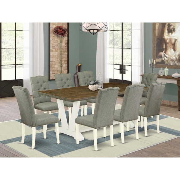 East West Furniture 9 Piece V-Style Dinette Set - Linen White - V077EL207-9