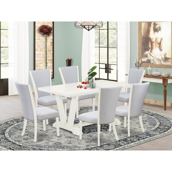 East West Furniture 7 Piece V-Style Dining Table Set - Linen White - V026VE005-7