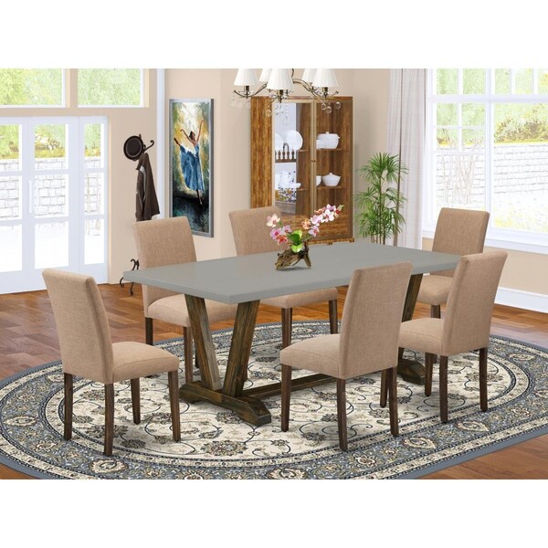 East West Furniture 7 Piece V-Style Dining Room Set - Distressed Jacobean - V797AB747-7