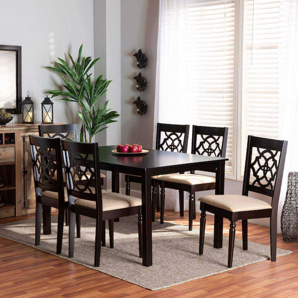 Baxton Studio Renaud Modern and Contemporary Sand Fabric and Dark Brown Finished Wood 7-Piece Dining Set - 174-10535-10519-ZORO