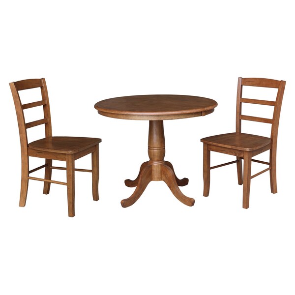 International Concepts 36 in. Round Extension Dining Table with Leaf and 2 Madrid LadderBack Chairs - 3 Piece Dining Set - K42-36RXT-C2-2