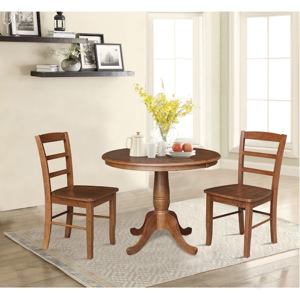 International Concepts 36 in. Round Extension Dining Table with Leaf and 2 Madrid LadderBack Chairs - 3 Piece Dining Set - K42-36RXT-C2-2
