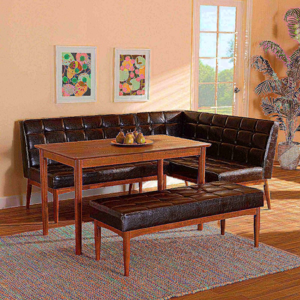 Baxton Studio Sanford Mid-Century Dark Brown Faux Leather and Walnut Brown Finished Wood 4-PC Dining Nook Set - 184-11343-11345-9305-ZORO