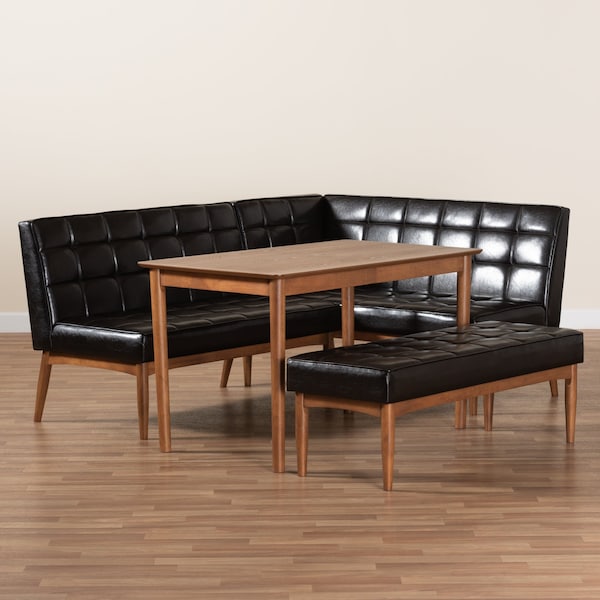 Baxton Studio Sanford Mid-Century Dark Brown Faux Leather and Walnut Brown Finished Wood 4-PC Dining Nook Set - 184-11343-11345-9305-ZORO