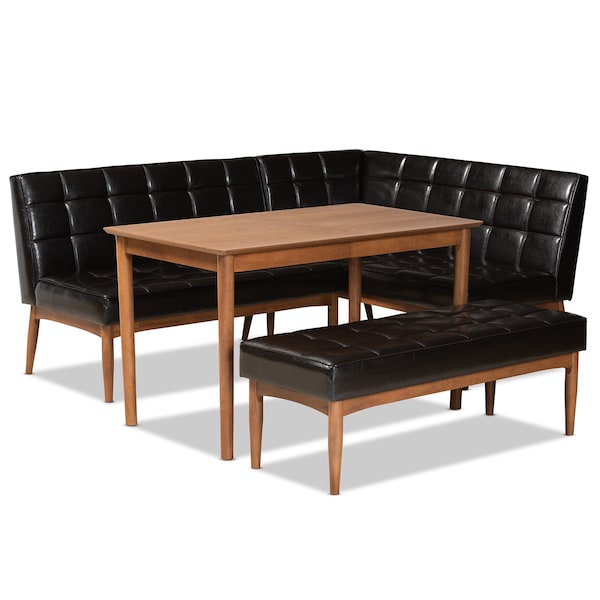 Baxton Studio Sanford Mid-Century Dark Brown Faux Leather and Walnut Brown Finished Wood 4-PC Dining Nook Set - 184-11343-11345-9305-ZORO