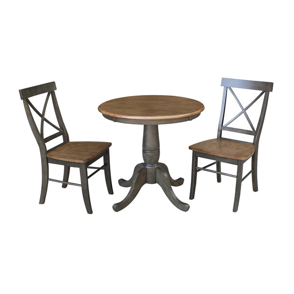 International Concepts Round 30 in Rd Top Pedestal Table, 2 X-Back Chairs, Hickory/Washed Coal, 30 in W, 30 in L, 29.1 in H - K45-30RT-C613-2