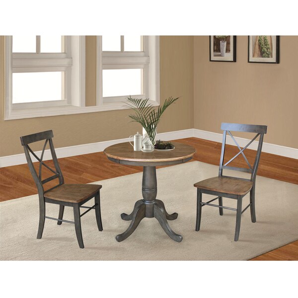 International Concepts Round 30 in Rd Top Pedestal Table, 2 X-Back Chairs, Hickory/Washed Coal, 30 in W, 30 in L, 29.1 in H - K45-30RT-C613-2