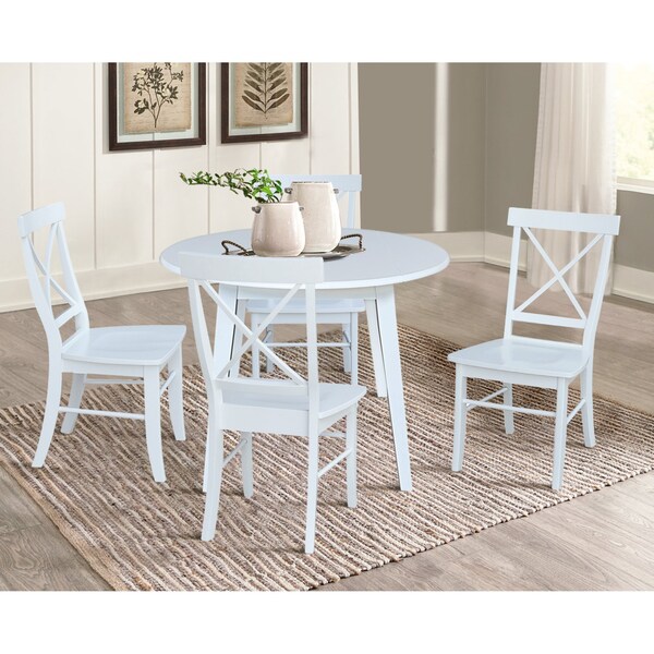 International Concepts 42 in. Solid Wood Round Dual Drop Leaf Dining Table with 4 Chairs in White - K08-42DL-C613-4
