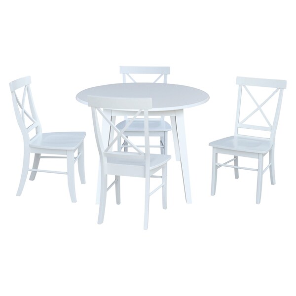 International Concepts 42 in. Solid Wood Round Dual Drop Leaf Dining Table with 4 Chairs in White - K08-42DL-C613-4
