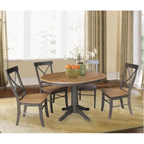 International Concepts Round 36 in Rd Extension Dining table, 4 RTA chairs, Hickory/Washed Coal, 36 in W, 48 in L, 30.1 in H - K45-36RXT-27B-C613-4