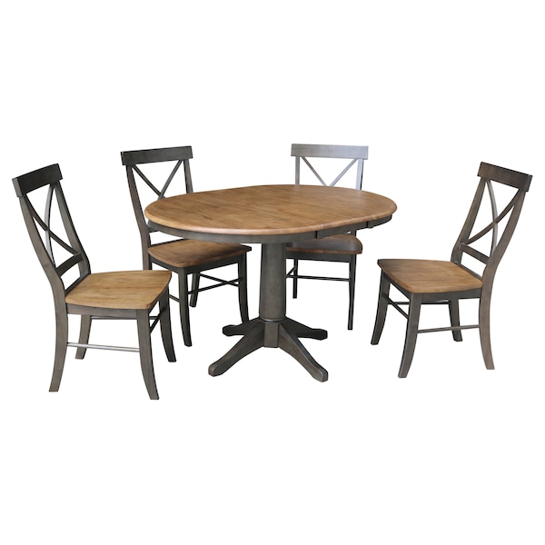 International Concepts Round 36 in Rd Extension Dining table, 4 RTA chairs, Hickory/Washed Coal, 36 in W, 48 in L, 30.1 in H - K45-36RXT-27B-C613-4