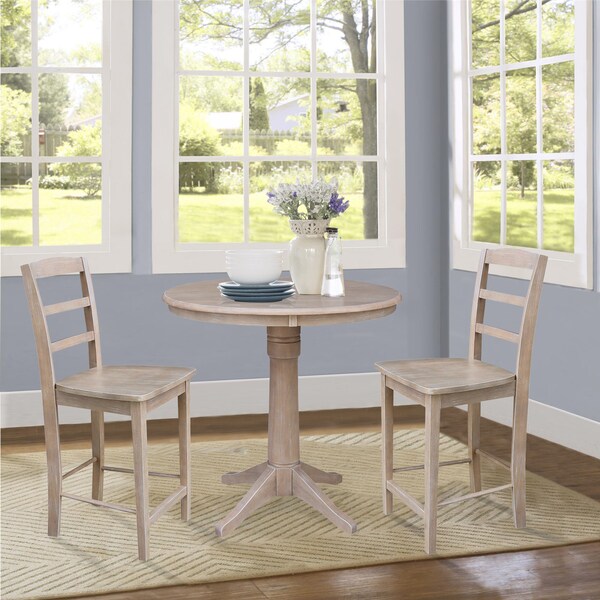 International Concepts Round 36 in Rd Ped Gathering Ht Table, 2 Madrid Counter Ht Stools, Gray Taupe, 36 in W, 36 in L, Wood - K09-36RT-27B-6B-S402-2