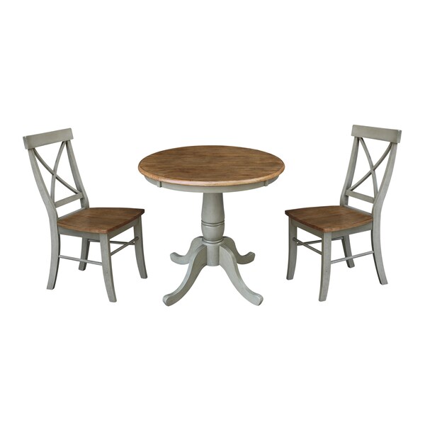International Concepts Round 30 in Rd Top Pedestal Table, 2 X-Back Chairs, Hickory/Stone, 30 in W, 30 in L, 29.1 in H, Wood - K41-30RT-C613-2