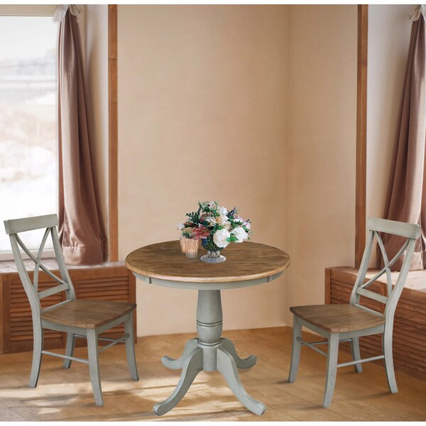 International Concepts Round 30 in Rd Top Pedestal Table, 2 X-Back Chairs, Hickory/Stone, 30 in W, 30 in L, 29.1 in H, Wood - K41-30RT-C613-2