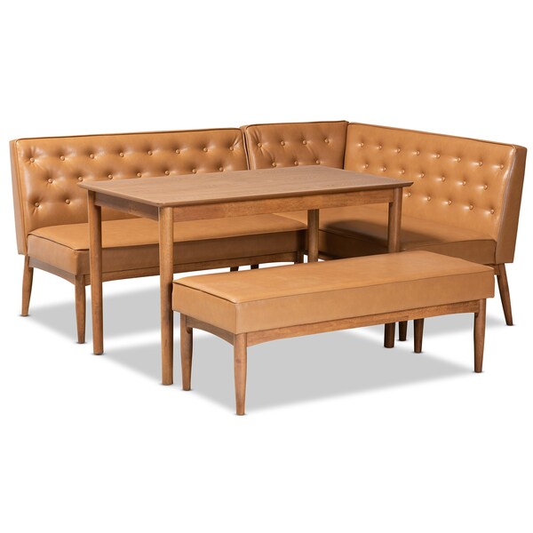 Baxton Studio Riordan Mid-Century Modern Tan Faux Leather and Walnut Brown Finished Wood 4-Piece Dining Nook Set - 186-11361-10839-9305-ZORO