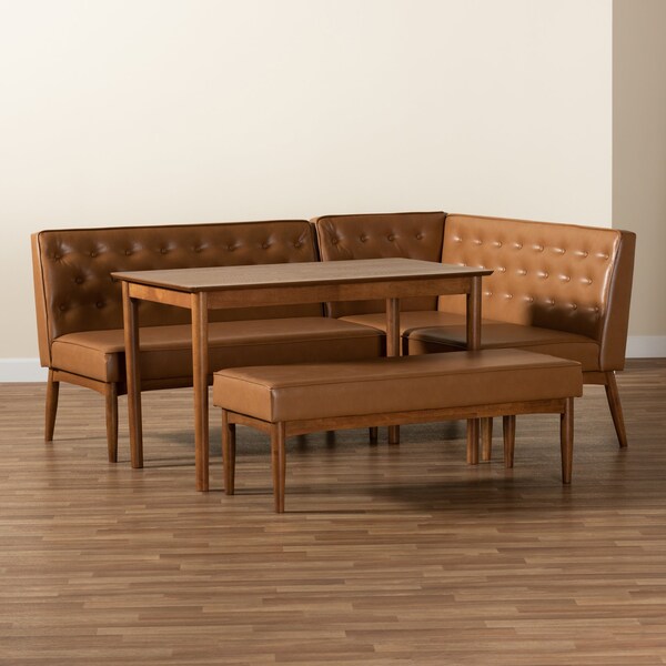 Baxton Studio Riordan Mid-Century Modern Tan Faux Leather and Walnut Brown Finished Wood 4-Piece Dining Nook Set - 186-11361-10839-9305-ZORO