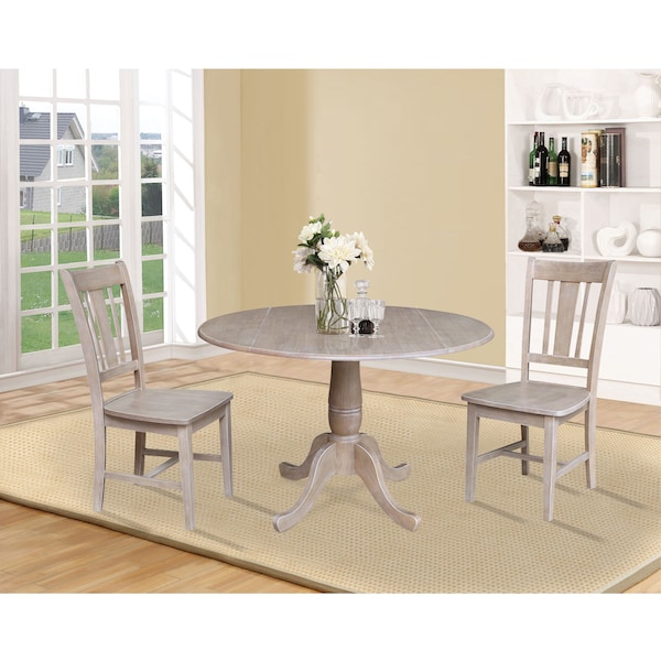 International Concepts Round 42 in Round Top Pedestal Table with 2 Chairs, Washed Gray Taupe, 42 in W, 42 in L, 29.5 in H - K09-42DPT-C10-2