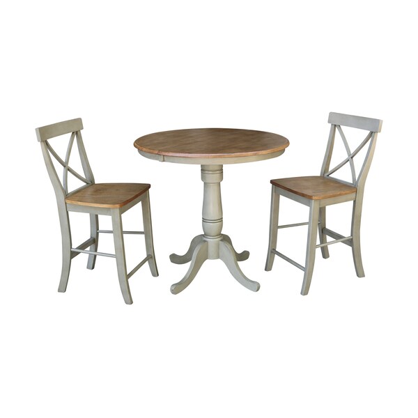 International Concepts Round 36 in Rd Extension Dining Table, 2 X-back Counter Ht Stools, Hickory/Stone, 36 in W, 48 in L - K41-36RXT-6B-S6132-2