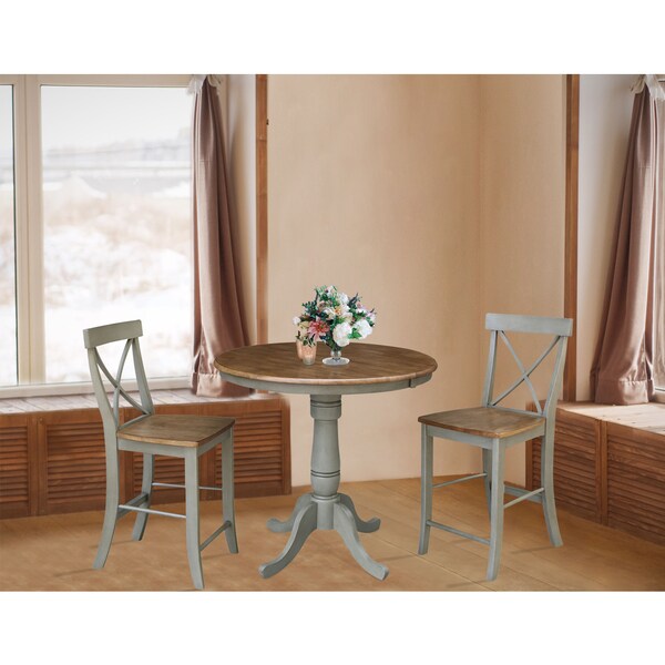 International Concepts Round 36 in Rd Extension Dining Table, 2 X-back Counter Ht Stools, Hickory/Stone, 36 in W, 48 in L - K41-36RXT-6B-S6132-2