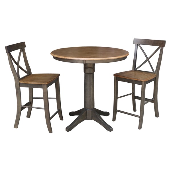 International Concepts Round 36 in Rd Ped Gathering Ht Table, 2 X-Back Counter Ht Stools, Hickory/Coal, 36 in W, 36 in L - K45-36RT-27B-S6132-2