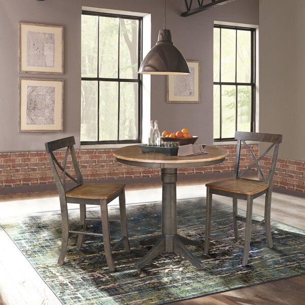 International Concepts Round 36 in Rd Ped Gathering Ht Table, 2 X-Back Counter Ht Stools, Hickory/Coal, 36 in W, 36 in L - K45-36RT-27B-S6132-2