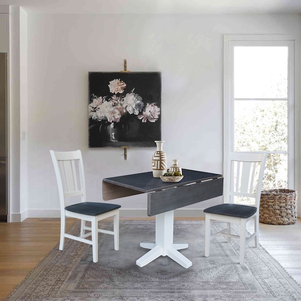 International Concepts 36 in. Solid Wood Square Dual Drop Leaf Dining Table with 2 Chairs in White/Heather Gray - K05-36SDP-C10-2