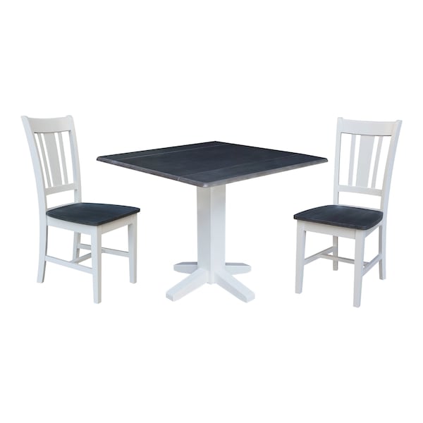International Concepts 36 in. Solid Wood Square Dual Drop Leaf Dining Table with 2 Chairs in White/Heather Gray - K05-36SDP-C10-2