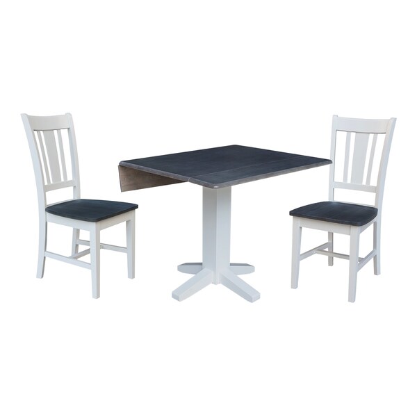 International Concepts 36 in. Solid Wood Square Dual Drop Leaf Dining Table with 2 Chairs in White/Heather Gray - K05-36SDP-C10-2