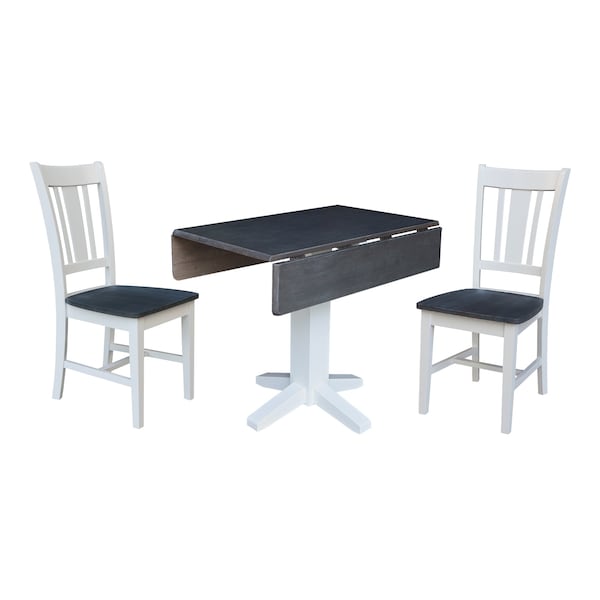 International Concepts 36 in. Solid Wood Square Dual Drop Leaf Dining Table with 2 Chairs in White/Heather Gray - K05-36SDP-C10-2