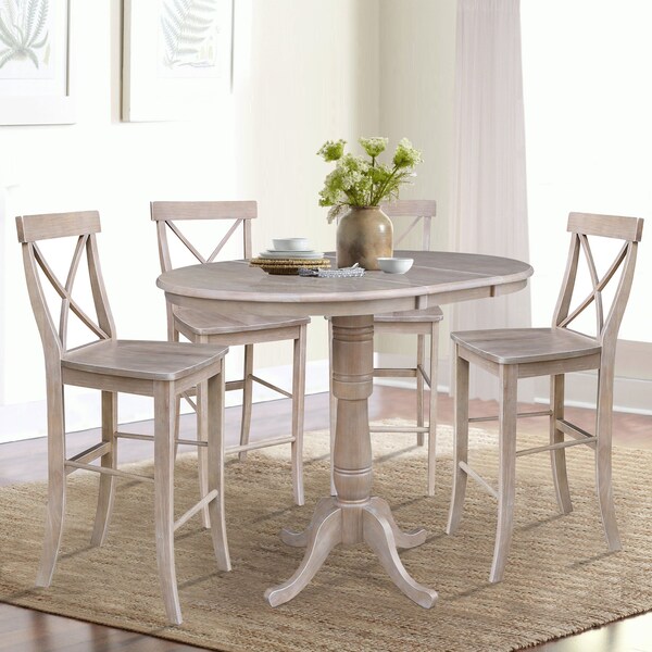 International Concepts Round 36 in Rd Extension Dining Table, 4 Bar Ht Stools, Gray Taupe, 36 in W, 48 in L, 41 in H, Wood - K09-36RXT-S6133-4