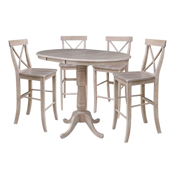 International Concepts Round 36 in Rd Extension Dining Table, 4 Bar Ht Stools, Gray Taupe, 36 in W, 48 in L, 41 in H, Wood - K09-36RXT-S6133-4