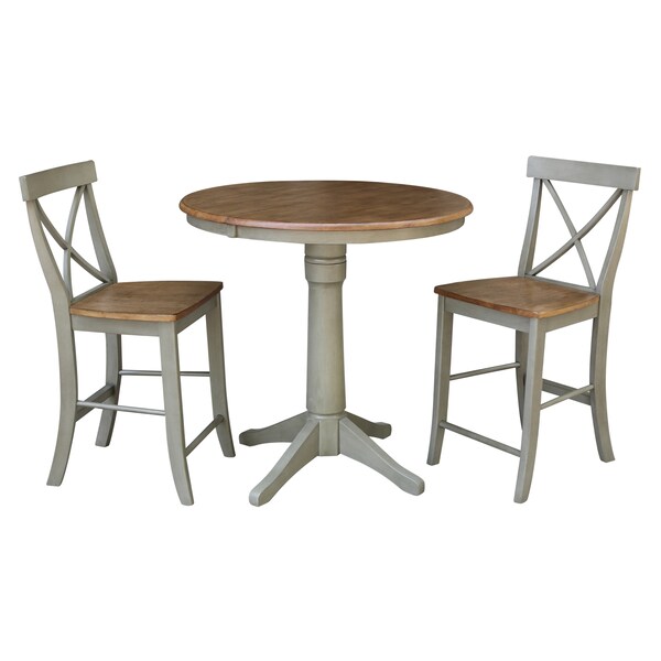 International Concepts Round 36 in Rd Extension Dining Table, 2 X-Back Counter Ht Stools, Hickory/Stone, 36 in W, 48 in L - K41-36RXT-27B-S6132-2