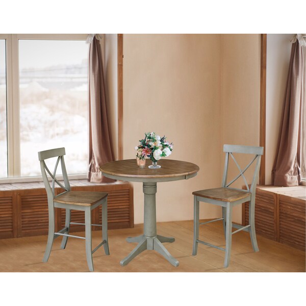 International Concepts Round 36 in Rd Extension Dining Table, 2 X-Back Counter Ht Stools, Hickory/Stone, 36 in W, 48 in L - K41-36RXT-27B-S6132-2