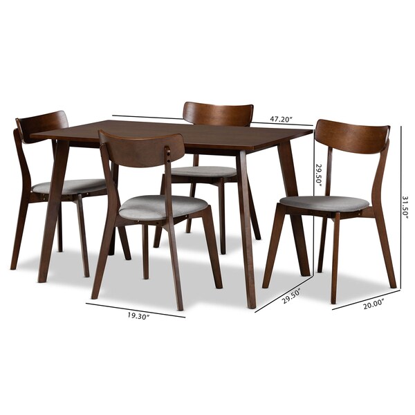 Baxton Studio Nori Light Grey Upholstered and Walnut Wood 5-Piece Dining Set - 168-10814-10807