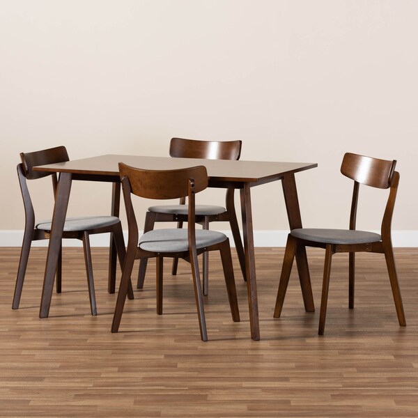 Baxton Studio Nori Light Grey Upholstered and Walnut Wood 5-Piece Dining Set - 168-10814-10807
