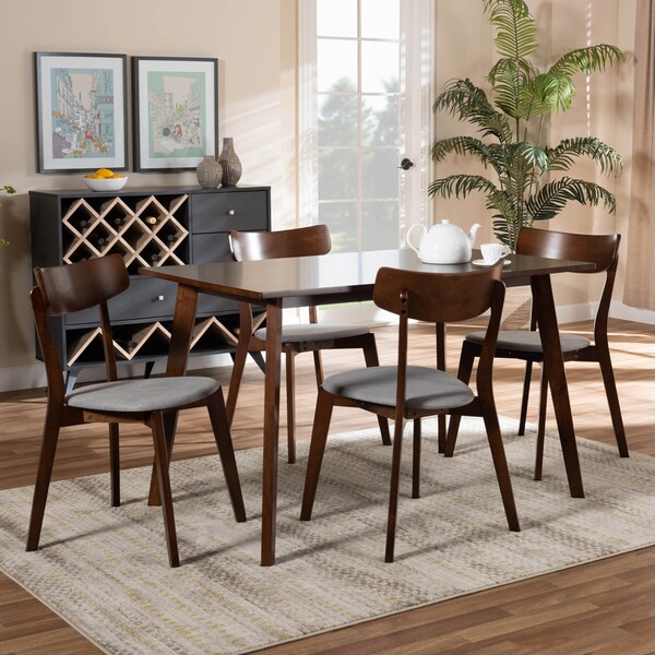 Baxton Studio Nori Light Grey Upholstered and Walnut Wood 5-Piece Dining Set - 168-10814-10807